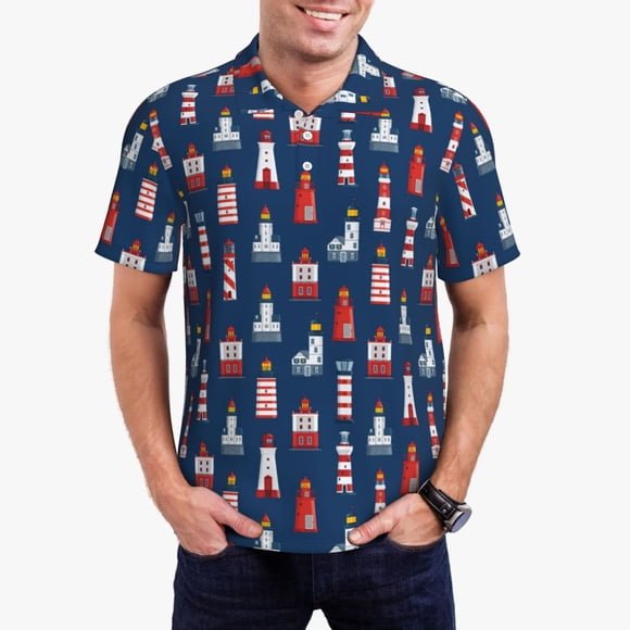 Kdxio Cartoon Lighthouse Print Men's Short Sleeve Polo Shirt, Golf Shirts for Men, Business Casual Polos-XX-Large