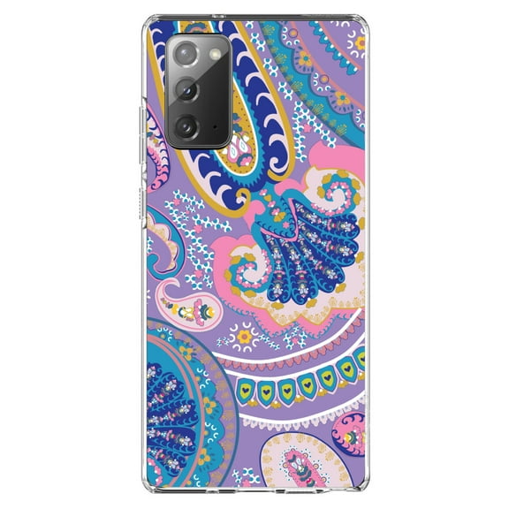 DistinctInk Clear Shockproof Hybrid Case for Samsung Galaxy Note 20 (6.7" Screen) - TPU Bumper, Acrylic Back, Tempered Glass Screen Protector - Purple Pink Blue Paisley