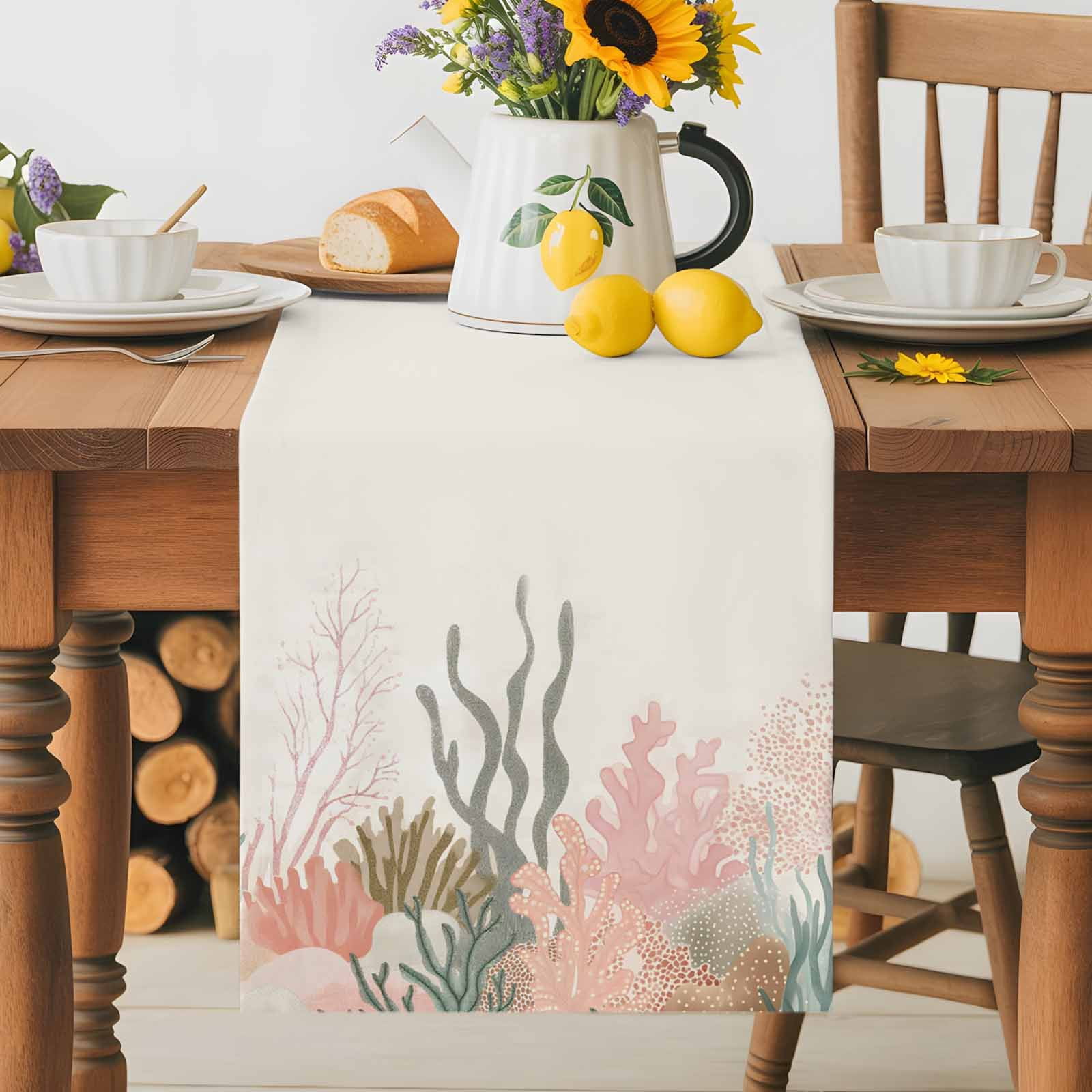 Watercolor Ocean Coral Table Runner 90 Inches Long, Abstract Marine Life Table Runners Tabletop Scarf Kitchen Dining Tables Decoration for Home Party Indoor Outdoor