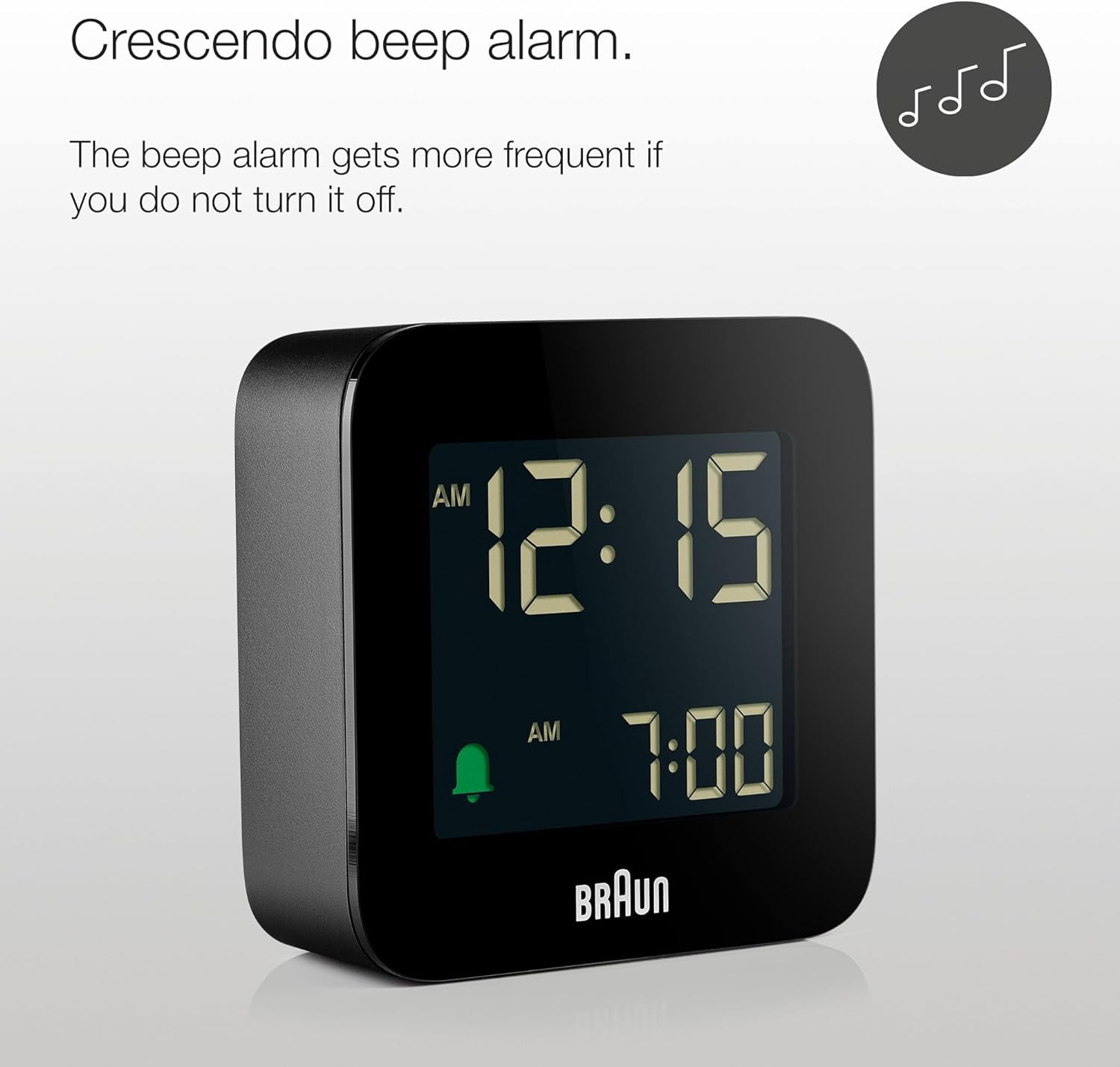 Braun Digital Travel Alarm Clock with Snooze, Compact Size, Negative LCD Display, Quick Set, Crescendo Beep Alarm in Black, model BC08B.