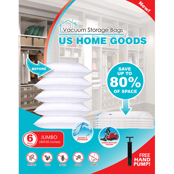 Vacuum Storage Bags Save up to 85% of Original Space,Space Saver Bag with Free Hand Pump for Travel(6 x Jumbo Size)