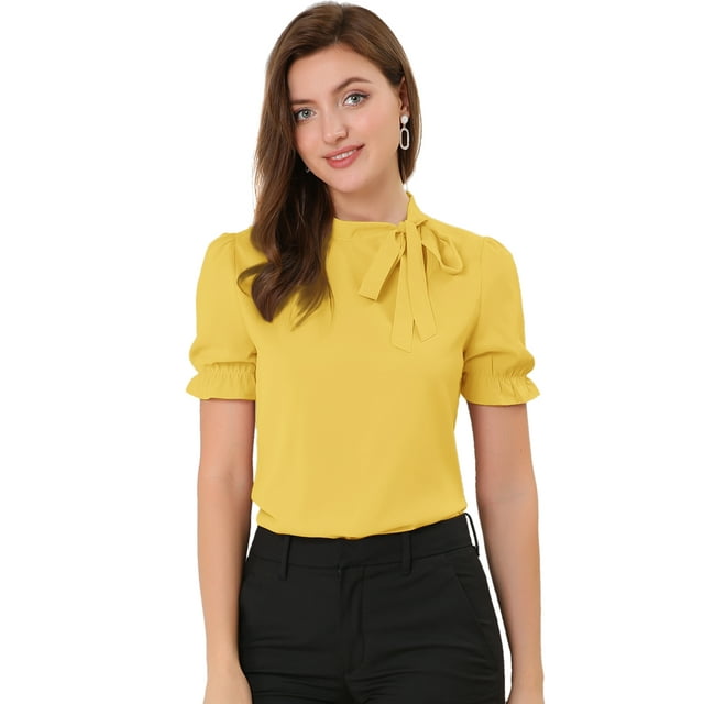 Top Elegante Allegra K Camisas Del Cuello De PajariDe Mujeres Amarillo XS