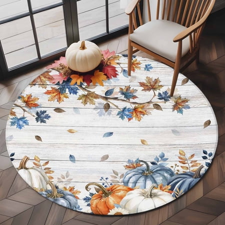 Farm Pumpkin Maple Leaf Round Area Rug 5ft Living Room Rug Non-Slip Washable Circle Rugs Pad Gray Wood Board Soft Floor Carpet for Bedroom Dining Room