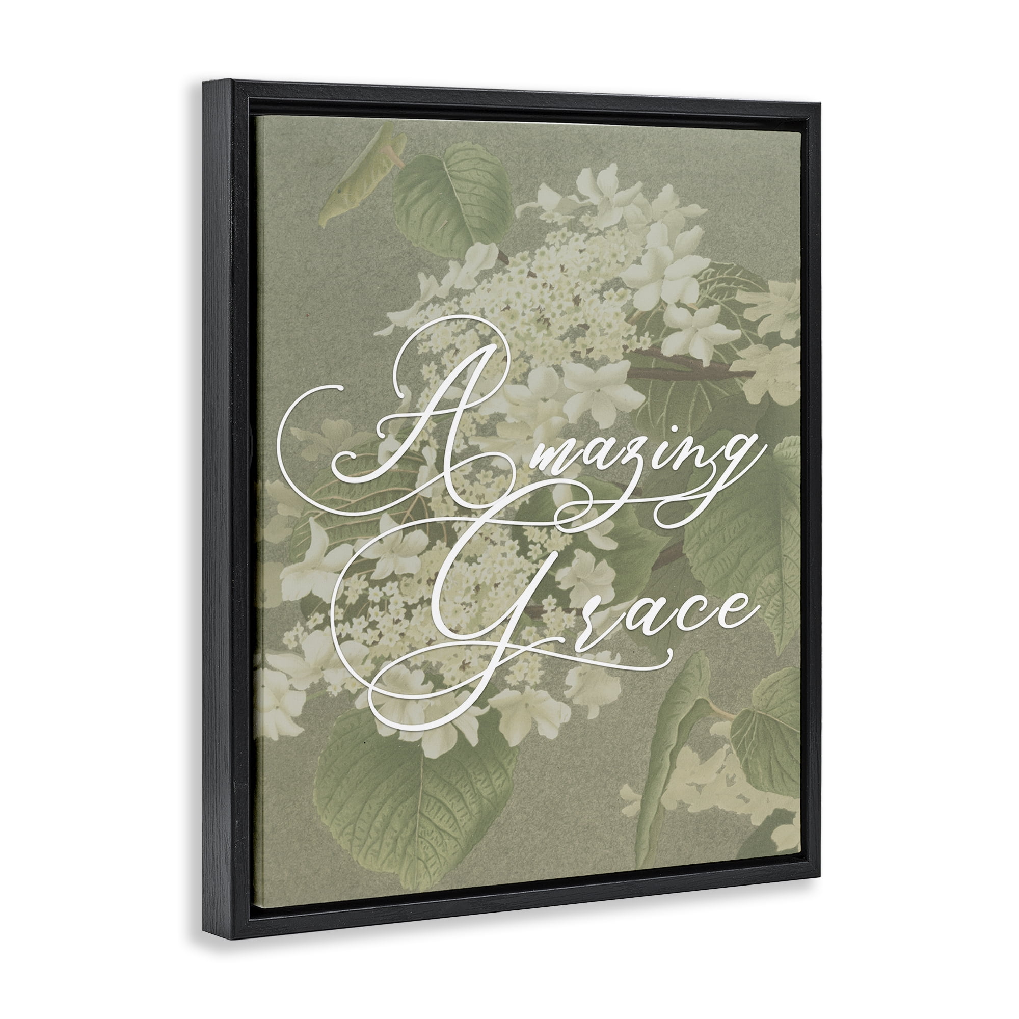 Amazing Grace Phrase Vintage White Flower Blossoms Black Floating Frame Canvas Art, 17 x 21, By Lil' Rue