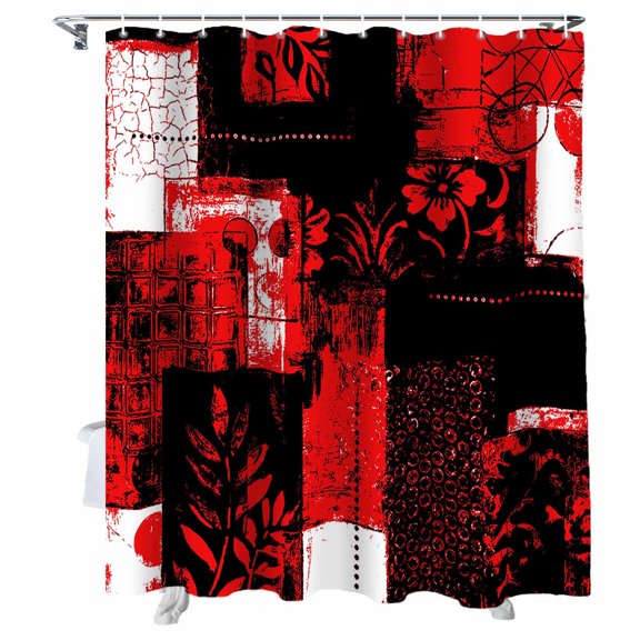 Shower Curtain Red Black Floral Leaves Shower Curtains for Bathroom Bathtub, Waterproof Fabric Shower Curtain Set with Hooks, Small Stall Size 36" x 72" Boho Plaid Collage