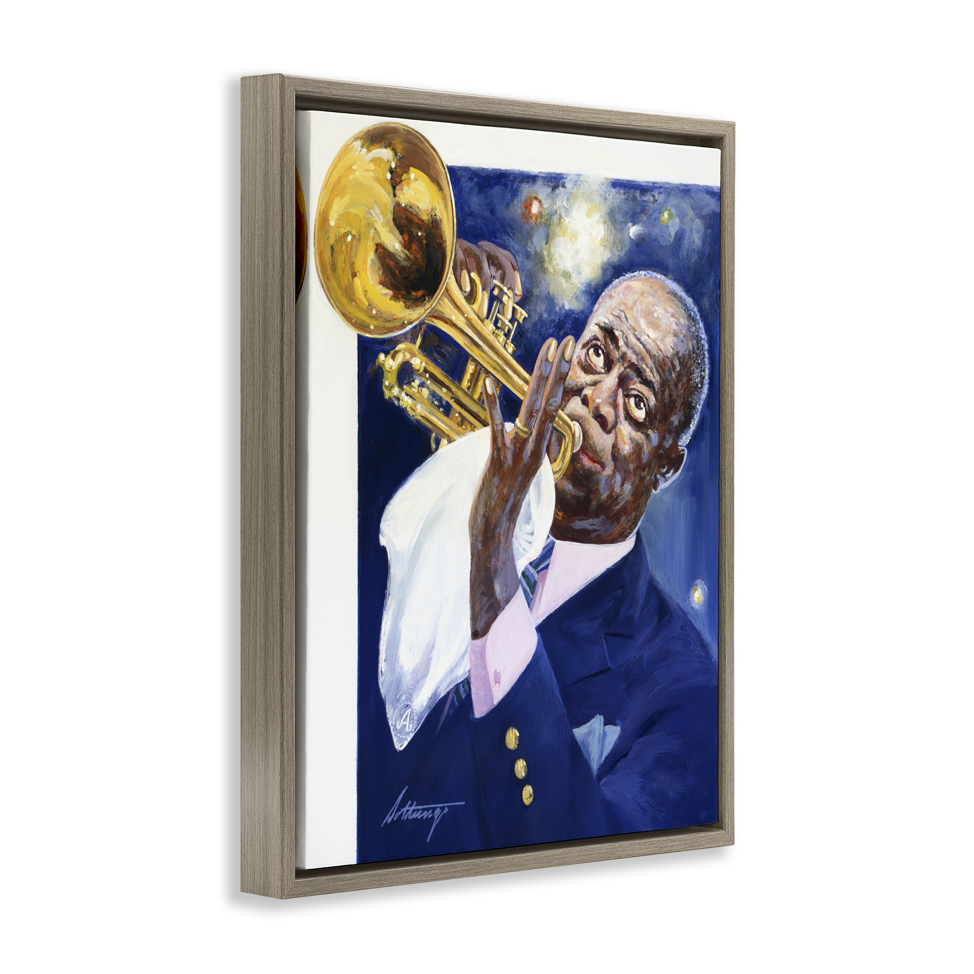 Louis Armstrong Portrait Brown Framed Floater Canvas Wall Art, design by Wind River Studios