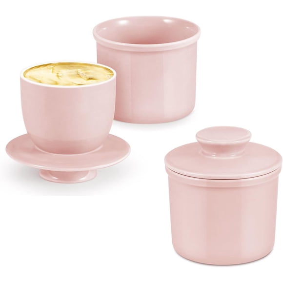 Flexzion Porcelain Butter Crock Keeper - French Dish With Lid, Tabletop Spreadable Soft and Fresh Water Sealed Holder, Cafe Retro Collection Farmhouse Decor 2 Pack (Pink)