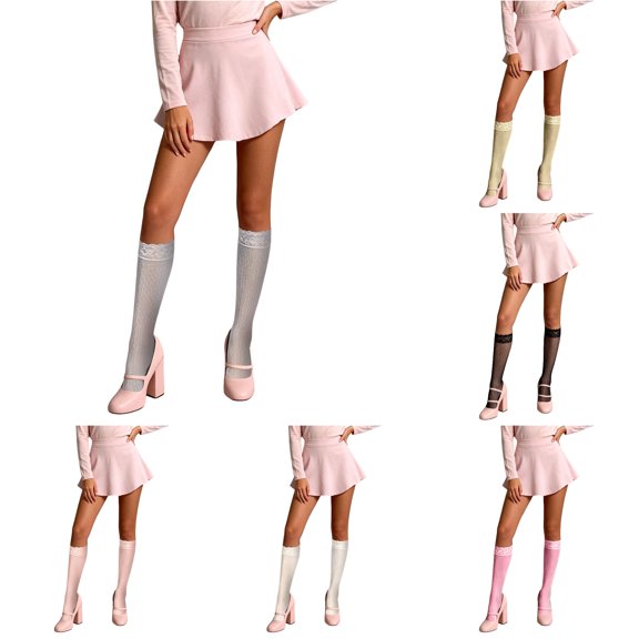 Gyujnb Summer Candy Color Knee High Socks with Lace and Mesh Pattern Cute Mesh Fishnet Crew Socks for Everyday Wear
