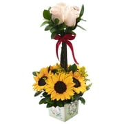 Modern Topiary Fresh Flower Arrangement with Vase designed for Mother's Day, Anniversary, Flowers Roses and Sunflowers, Colors Vary