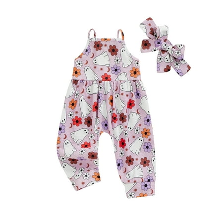 

ROAONOCOMO Halloween Girls Jumpsuit Ghost/Pumpkin Print Romper Headband