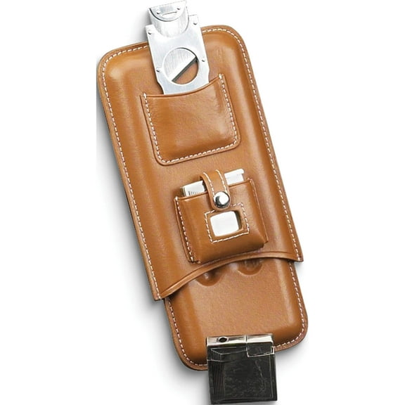 Fashion Brown Leather Three Cigar Case With Cutter & Lighter (7.5 X 4.35) Made In China gm113