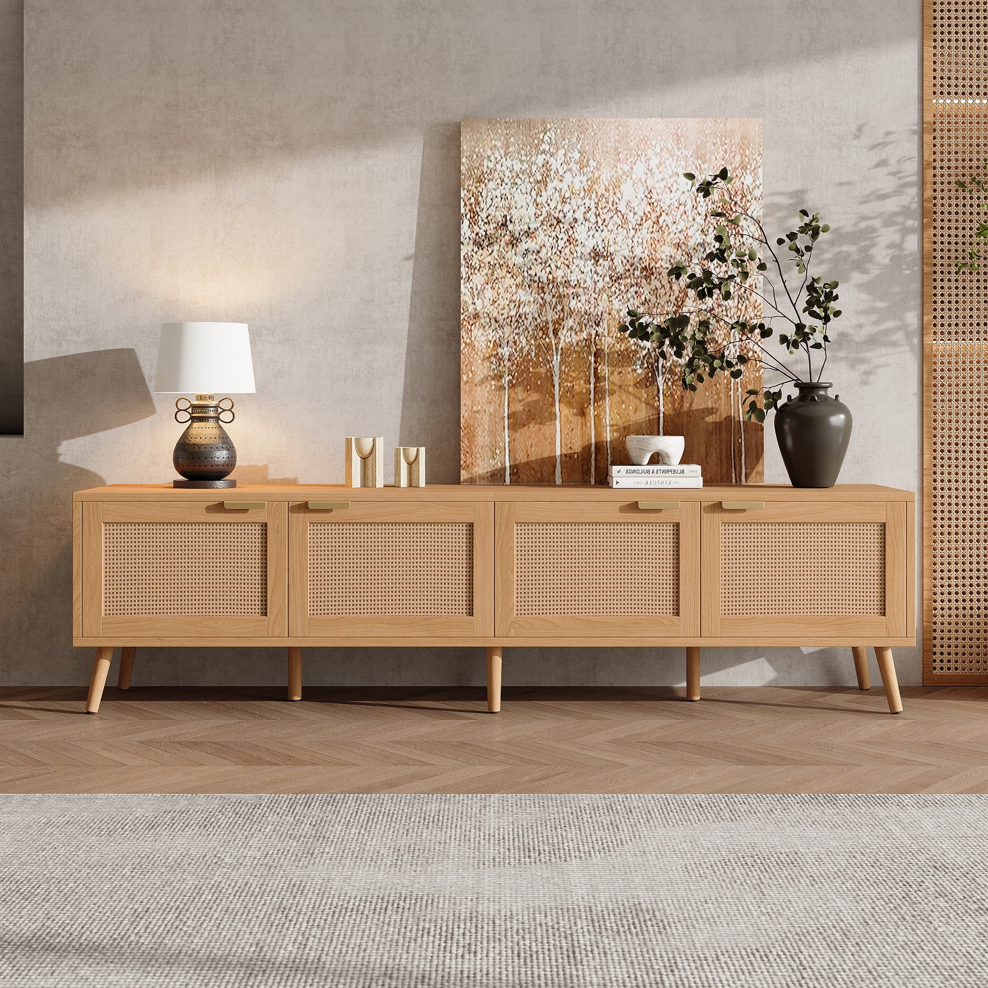 TrumanPick 70" Rattan TV Stand for TVs up to 80", Natural Wood Media Console with Cane Doors & Storage, Mid-Century Modern Entertainment Center for Living Room