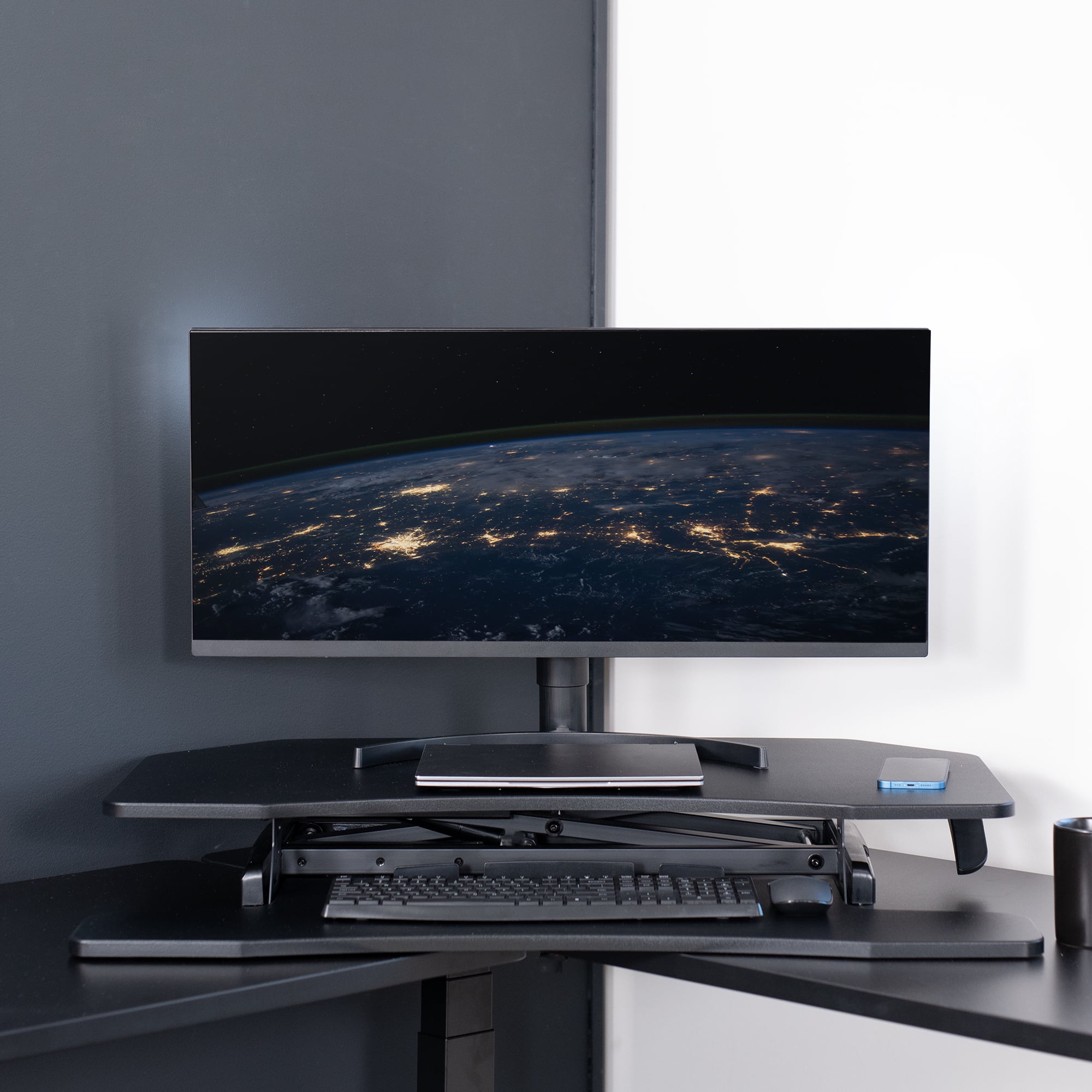 VIVO Black Corner Height Adjustable 38" Standing Desk Tabletop Monitor Riser