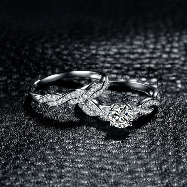 Wedding Ring Set for Women Bridal Ring Set 1 Carat Center Moissanite  Engagement Ring Set Platinum Plated Silver 3 Piece Wedding Ring Sets for  Her