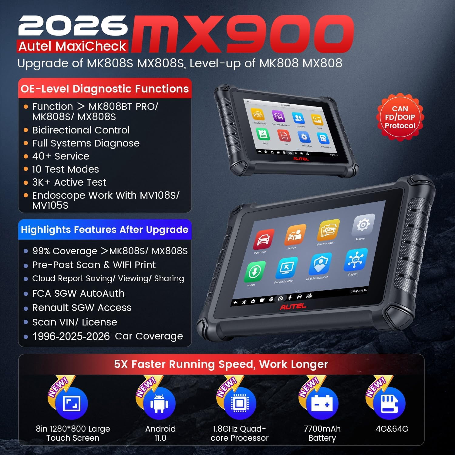 Autel MaxiCheck MX900 Scanner, 2026 V2.0 Bidirectional Diagnostic Scan Tool, CAN FD & DoIP, 3000+ Active Tests 40+ Services as MP900, All Systems, FCA, 11O