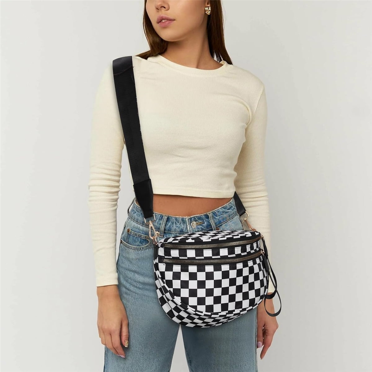 Luxury Checkered Crossbody Bag,Spacious Bum Bags for Women Nylon Crossbody Fanny Packs Checkered Purse Belt Wallet
