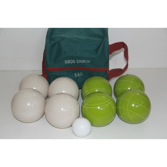 Italian/American Made, 110mm EPCO Bocce Set - Rustic Green/White Balls and Engraved Green/Maroon Bag