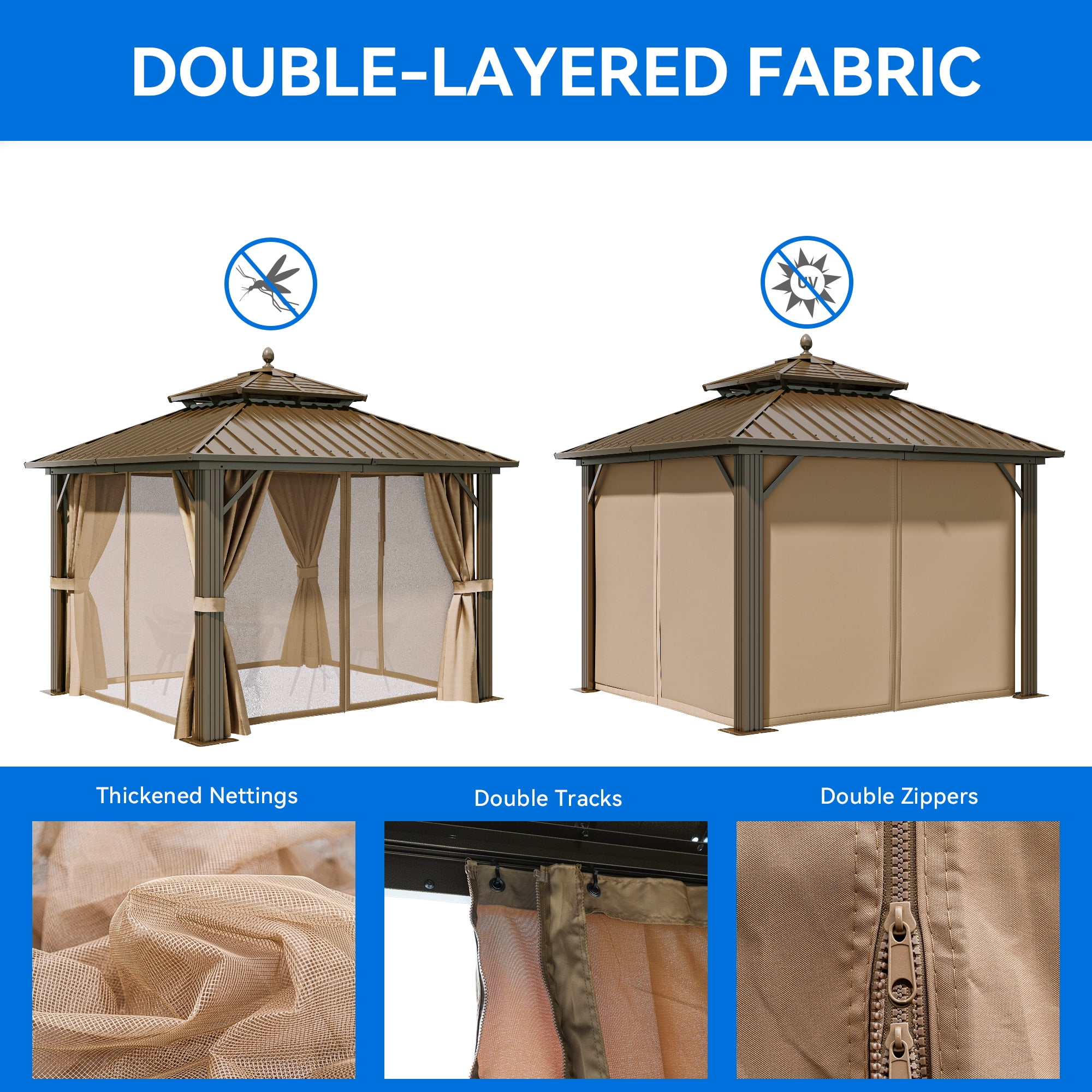 Dextrus 10' x 10' Double Roof Hardtop Gazebo, Galvanized Steel with Netting and Curtains