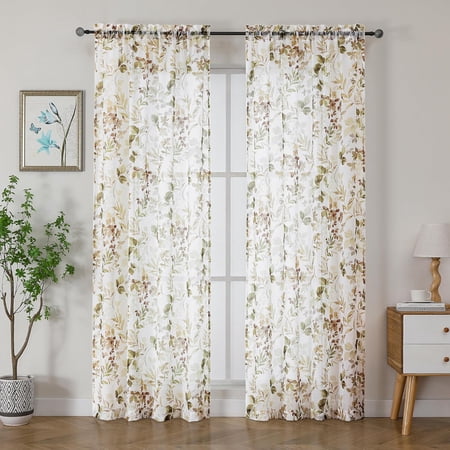 Crushed Sheer Curtains, 84 Inches Long, 2 Panels Set, Floral Printed Drapes for Living Room, Rod Pocket, Light Filtering Farmhouse Window Sheers (2 Panels, 42" x 84")