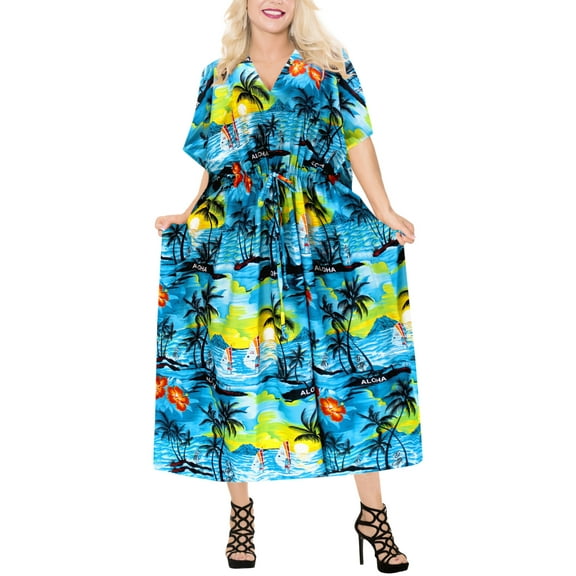 HAPPY BAY Women's Loungewear Casual Long Kaftan Beach Cover Up Slit Dress Maxi Dresses Caftans for Women 2X-3X Teal, Palm Tree