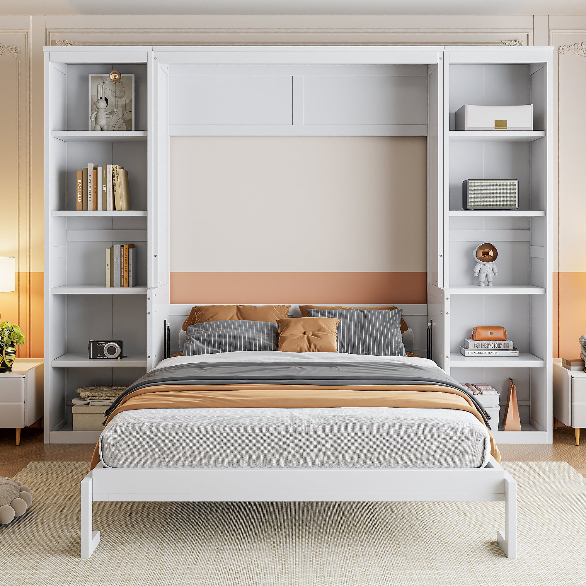 Euroco Wood Full Size Murphy Bed with Desk and Shelves, Space-Saving Wall Bed for Bedroom