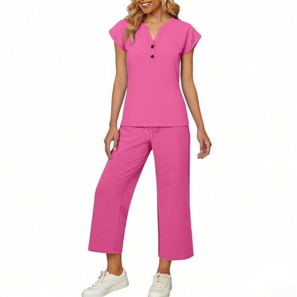 Top y falda Conjunto de las mujeres de la moda de color sólido suelto de manga corta con cuello en V con pantalones cortados de pierna ancha Set de bolsillo Pantalones y Top Set para las mujeres
