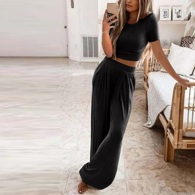 Aqestyerly Ensembles de 2 Pcs pour Femmes T-Shirts d'Été à Manches Courtes à Col Rond pour Femmes Pantalons Longs Vêtements d'Intérieur Confortables