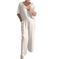 LYXSSBYX 2 Piece Outfit for Women Fall Women's Solid Color Round Neck Short Sleeve Tops and Pants Sets with Pockets