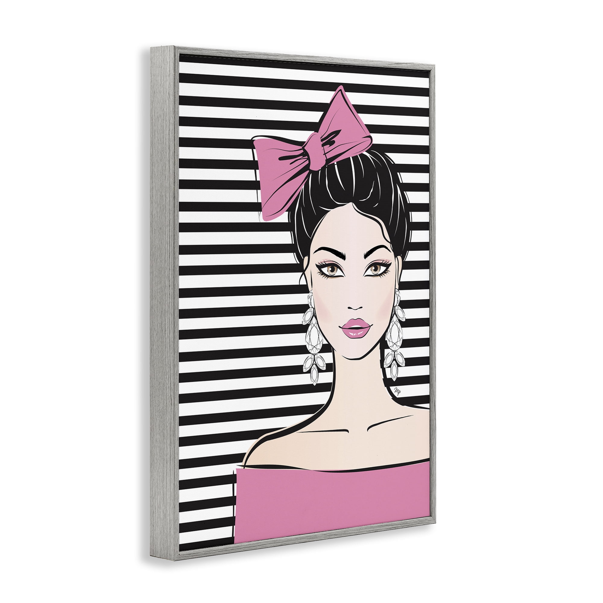 Stupell Industries Girl with Pink Bow & Earrings Gray Framed Giclee Art, design by Martina Pavlova