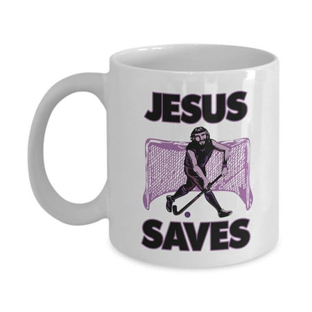 Unique Jesus Saves Field Hockey Goalie Coffee & Tea Gift Mug For A Christian Hockey Lover &