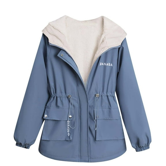 Button Up Winter Thermal Trendy Solid Color Tunic Hooded Fleece Coat Women (XL, Navy)