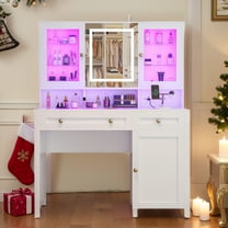 Semoic White Makeup Vanity Desk with LED Mirror and RGB Lights and Power Outlet, Morden Glass Top Vanity Table with Drawer & Storage Cabinet & Adjustable Shelves, Large Dressing Table for Bedroom