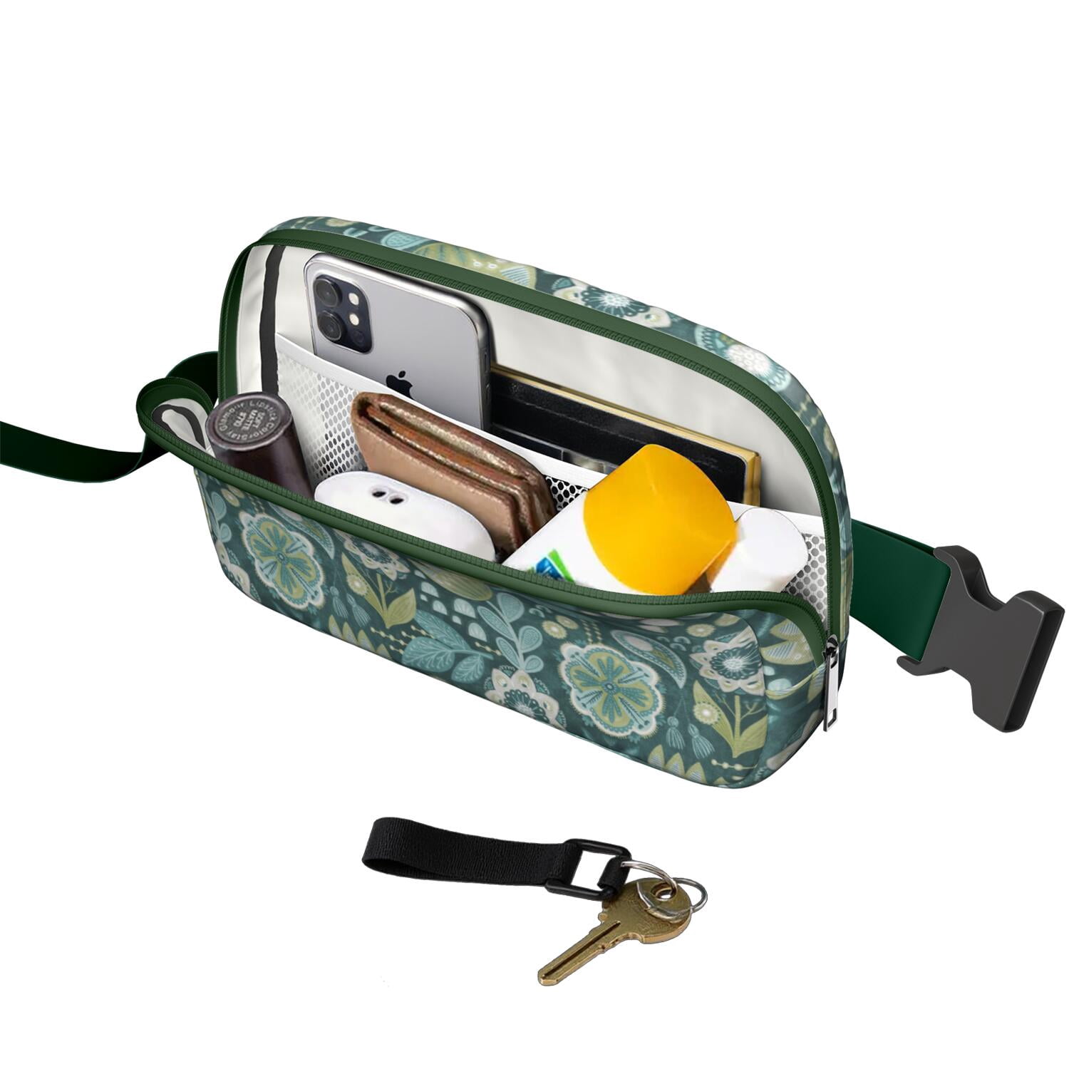Bright Floral Fanny Pack – Summer Garden Waist Bag with Artistic Bloom, Peonies, Bees & Tropical Leaf Accents