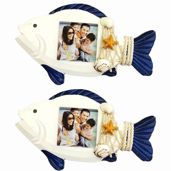 Bamboohart 3-Inch Photo Frame Set of 2- Fish-Shaped Photo Frame for Summer Vacation Memory Handmade Nautical Picture Frame for Tabletop Blue