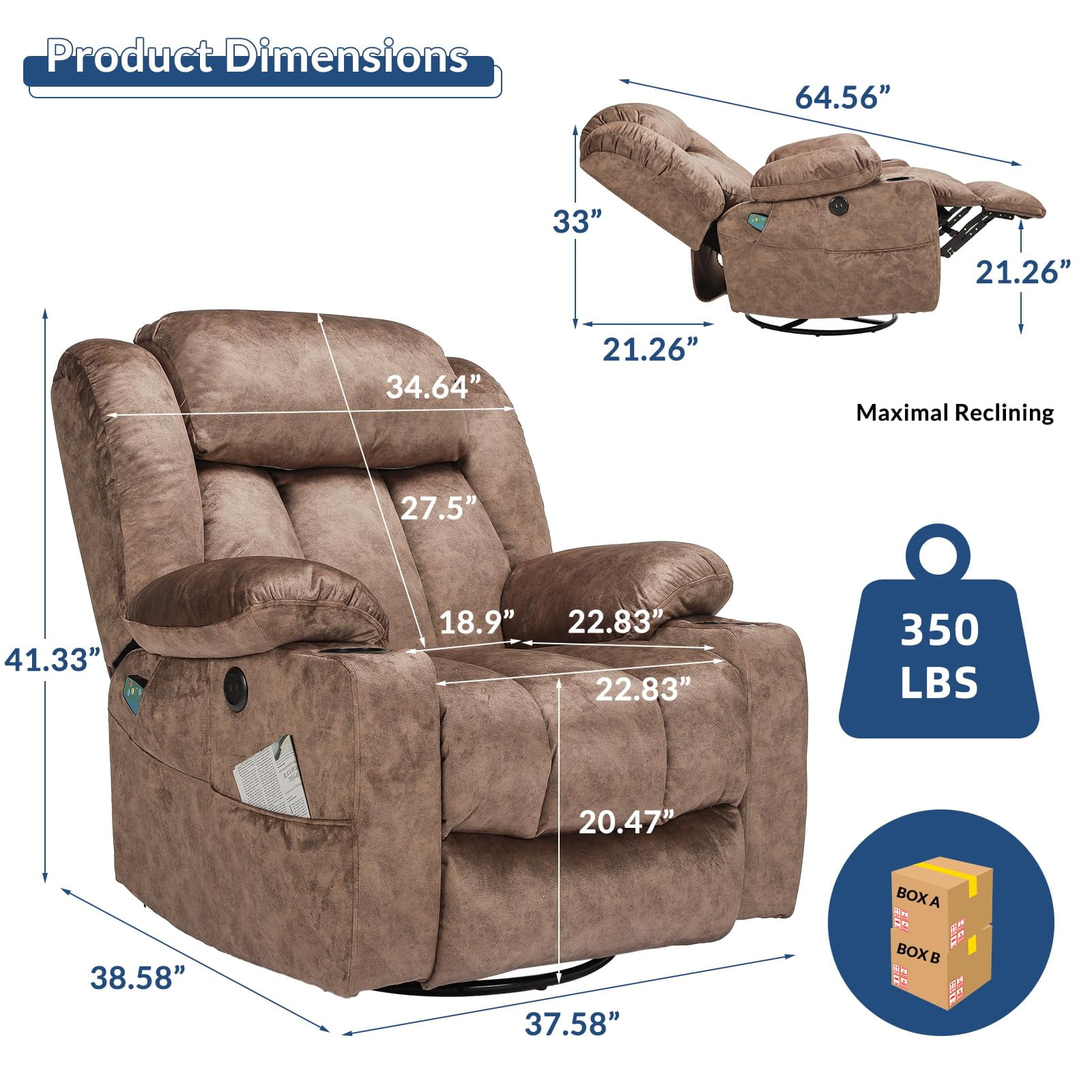 Manual Swivel Glider Rocker Recliner Chair with Heated Massage, 360° Swivel Overstuffed Lounge Chair with 2 Cup Holders, Side Pockets & USB Ports for Living Room, Fabric Brown