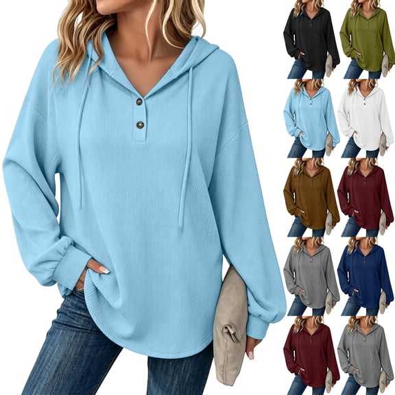 Sheghy Cute Hoodies 100% Cotton Women's Hooded Shirt Half-buttoned Drawstring Hoodie Loose Long-sleeved Casual Pullover Top Black S