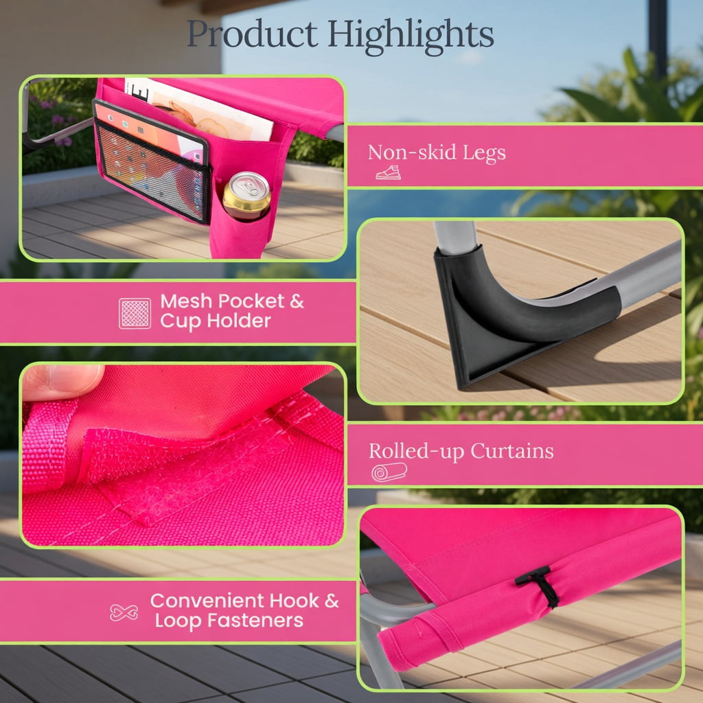 Hommoo 5-Position Adjustable Outdoor Folding Chaise Lounge Chair with Removable Pillow, Pink