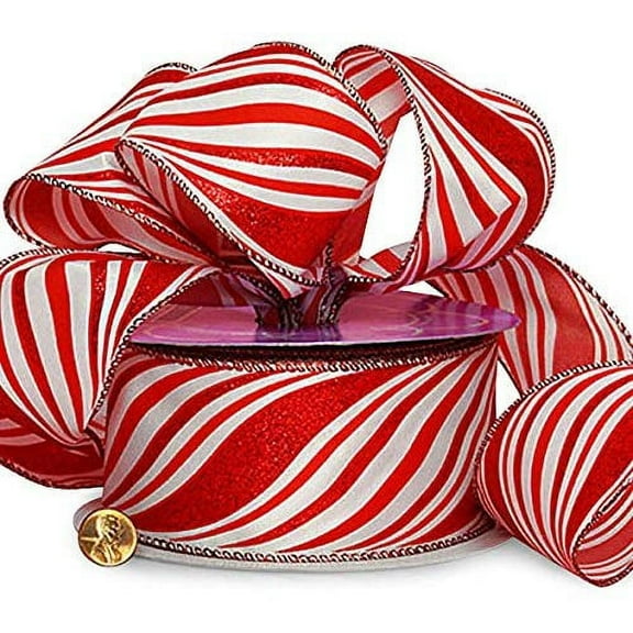 Red Striped Wired Christmas Ribbon - 2 1/2" x 25 Yards, Red White Candy Cane Swirls, Garland, Gifts, Wrapping, Wreaths, Bows, Valentine's Day