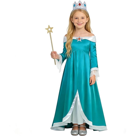 Guvpev G'irl's Deluxe Princess Dress, Halloween Off-Shoulder Fancy Dress Costume with Crown & Wand Accessories, Video Game Character Cosplay Outfit for Halloween Dress up & Birthday Party