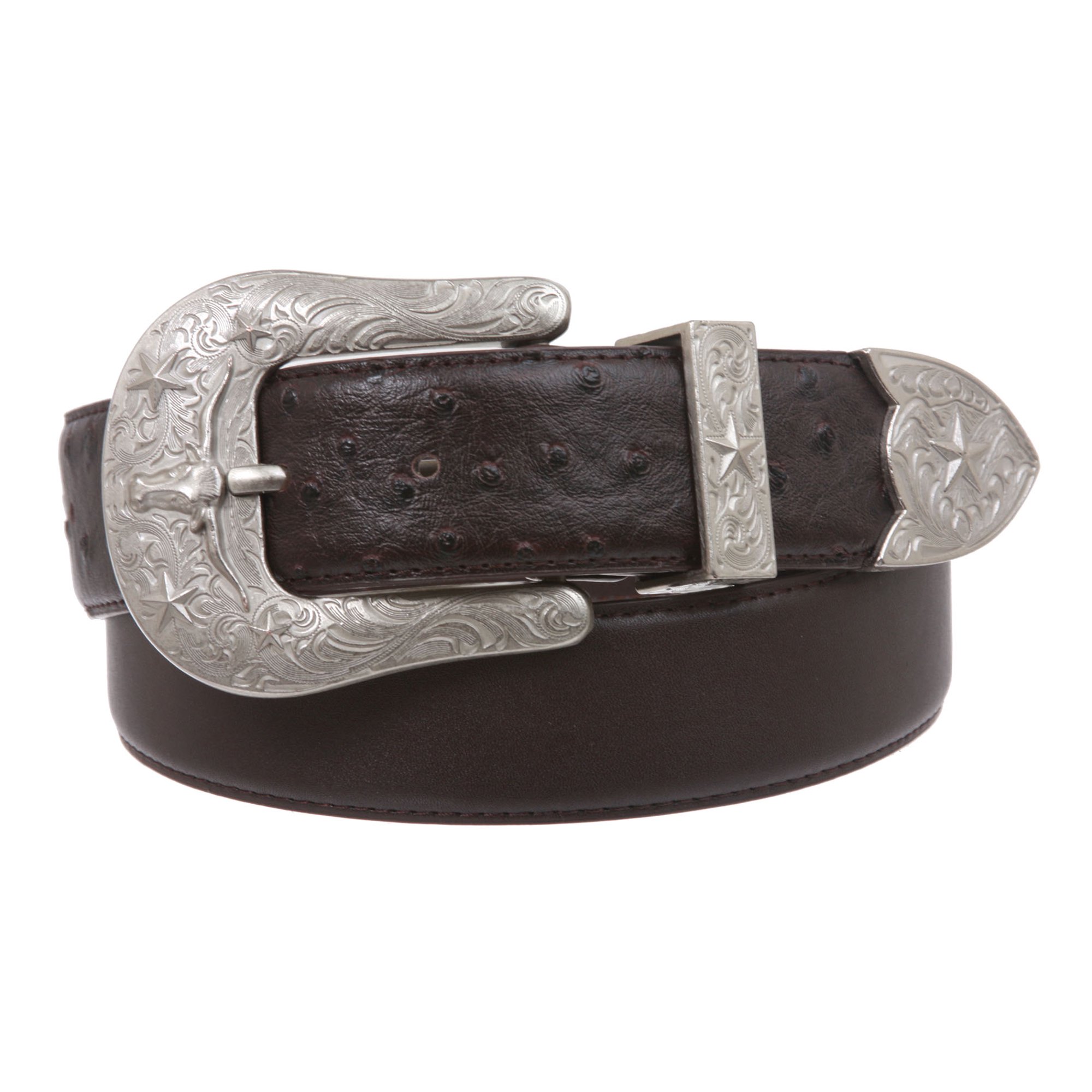 Engraved black ostrich leather western belt