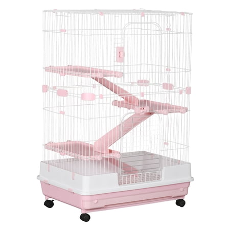 32" Rabbit Cage with Wheels, 4-Level Small Animal Hutch for Bunny, Chinchilla, Ferret - Pink