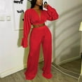 thumbnail image 2 of ShomPort Women's Fall Two Piece Outfits Long Sleeve Crop Tops Wide Leg Pockets Pants Lounge Sets, 2 of 5