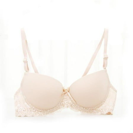 FANTADOOL Women Girls Bra Gather Adjustable Seamless Push Up Wireless Front Button Lace Underwear Beige 75B