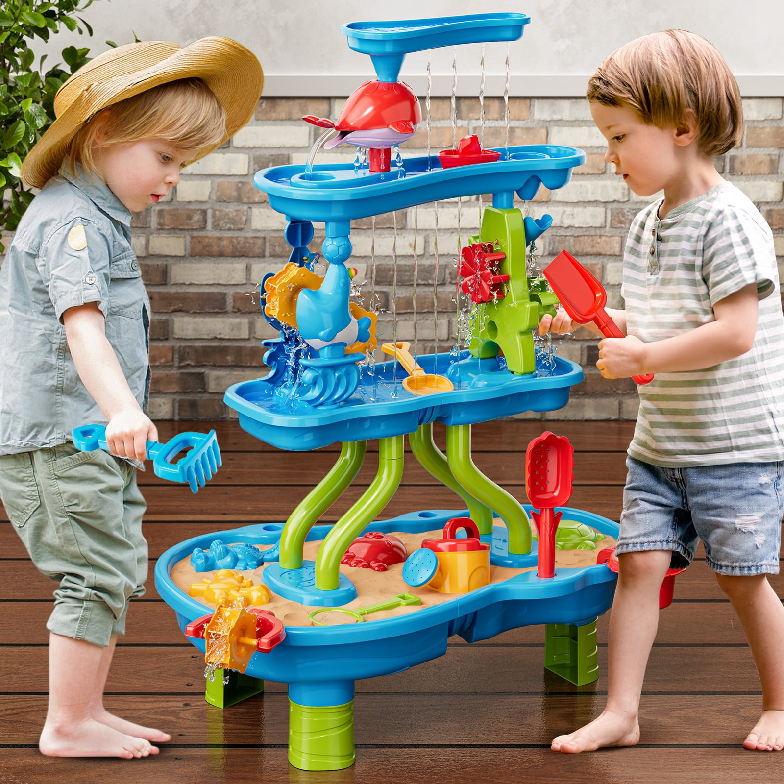 Lucky Doug Kids Sand Water Table for Toddlers Ages 18 Month+, 4-Tier Sand and Water Play Table Toys for Toddlers Kids, Activity Sensory Tables Outside Beach Toys for Toddler Age 1-3-5 Gift