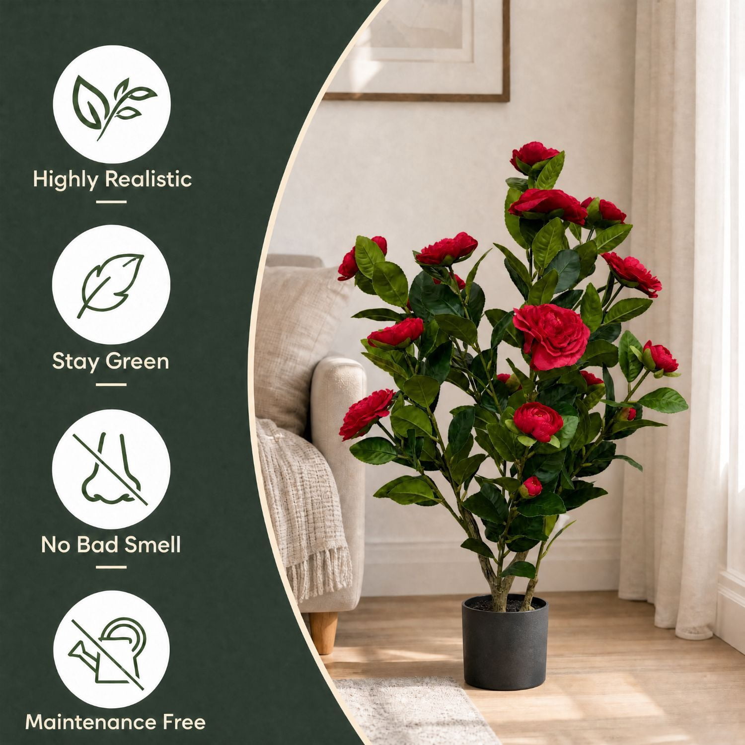 Easy4Home 2.6FT Artificial Flower Plant Fake Camellia Tree Potted Indoor, Red