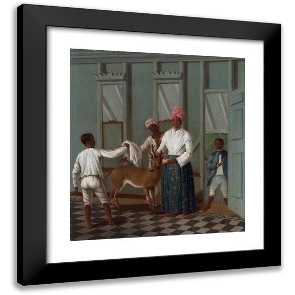 Agostino Brunias 12x13 Black Modern Framed Museum Art Print Titled - Servants Washing a Deer (circa 1775)