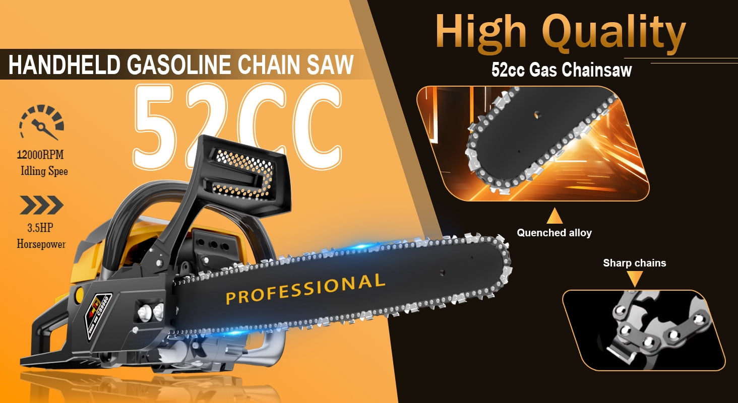 DGB Gas Powered Professional Chainsaw, Wood Cutting Chainsaw for Tree Trimming, Firewood, Land Clearing, Yard & Farm Maintenance, Heavy Duty Outdoor Power Tool