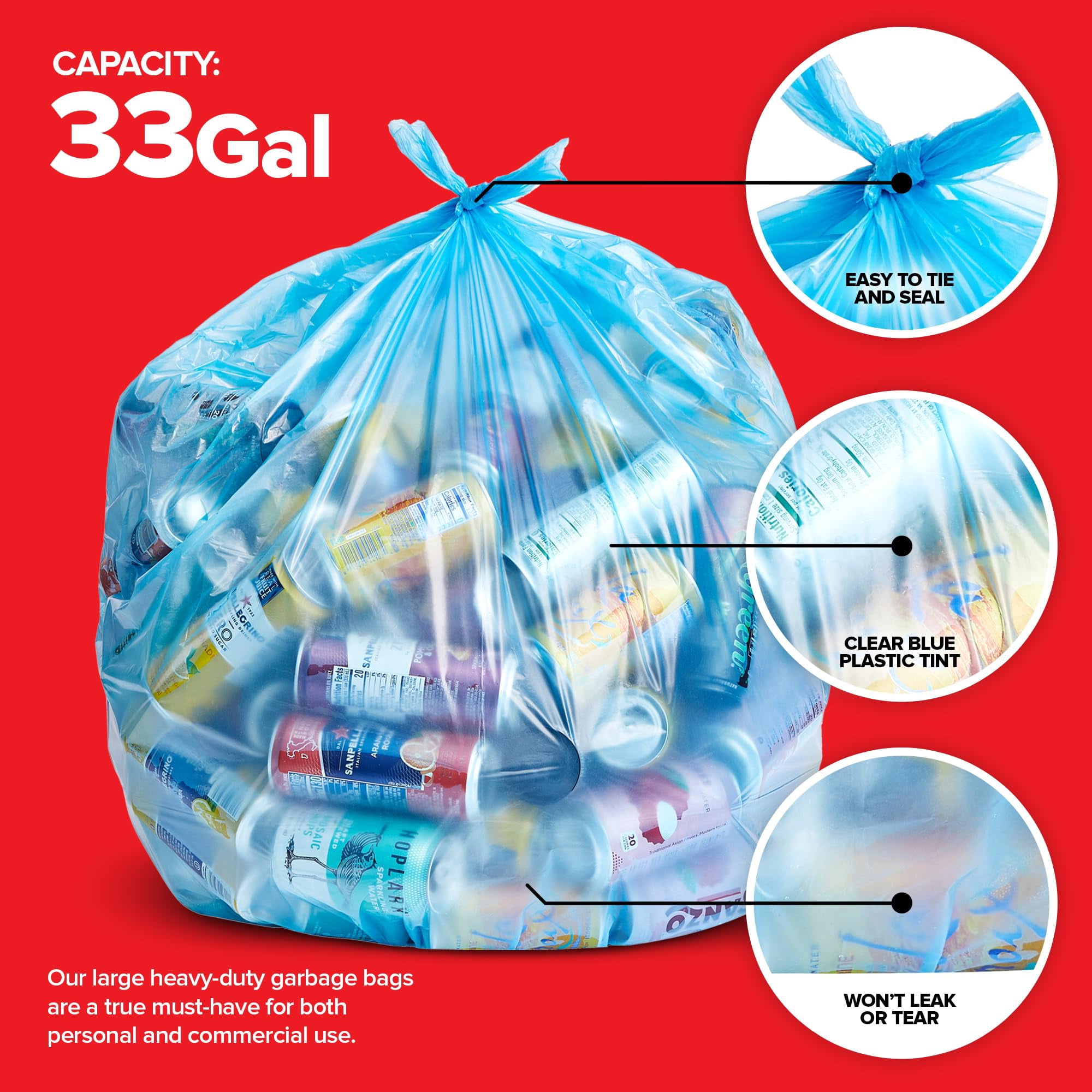 Heavy-Duty Blue Recycling Bags, 120-Pack Blue Garbage Bags For Recycling | 33-Gallon Capacity| Commercial, Industrial or Home Use