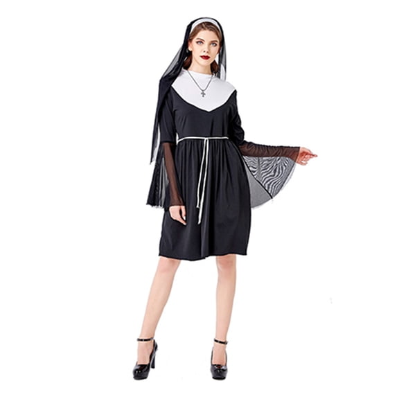 Sheer Sleeve Nun Dress for Women, Halloween Short Habit with White Yoke & Veil — Adult Religious Costume for Cosplay & Stage Play Black L