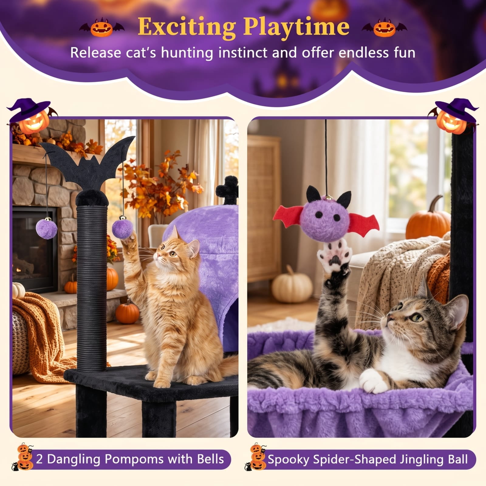 Vebreda Gothic Cat Tree for Indoor Cats, 51 in Multi-Level Cat Tower with Condo, Hammock, 2 Perches, Scratching Posts and Spider Toys, Purple
